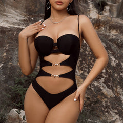 Vintage High Cut Beaded Cutout Underwire Bandeau Brazilian One Piece Swimsuit