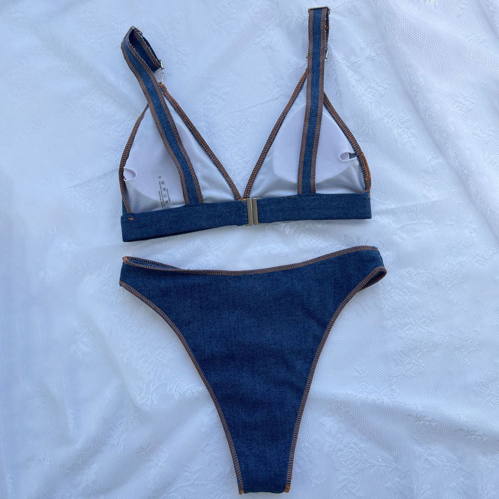 Vintage High Cut Cheeky Denim Triangle Brazilian Two Piece Bikini Swimsuit