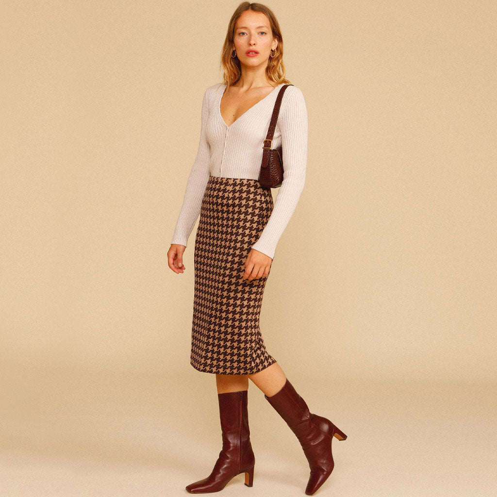 Vintage High Waist Bodycon Houndstooth Knit Midi Skirt - Coffee