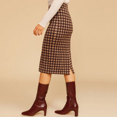 Vintage High Waist Bodycon Houndstooth Strick Midirock - Kaffee