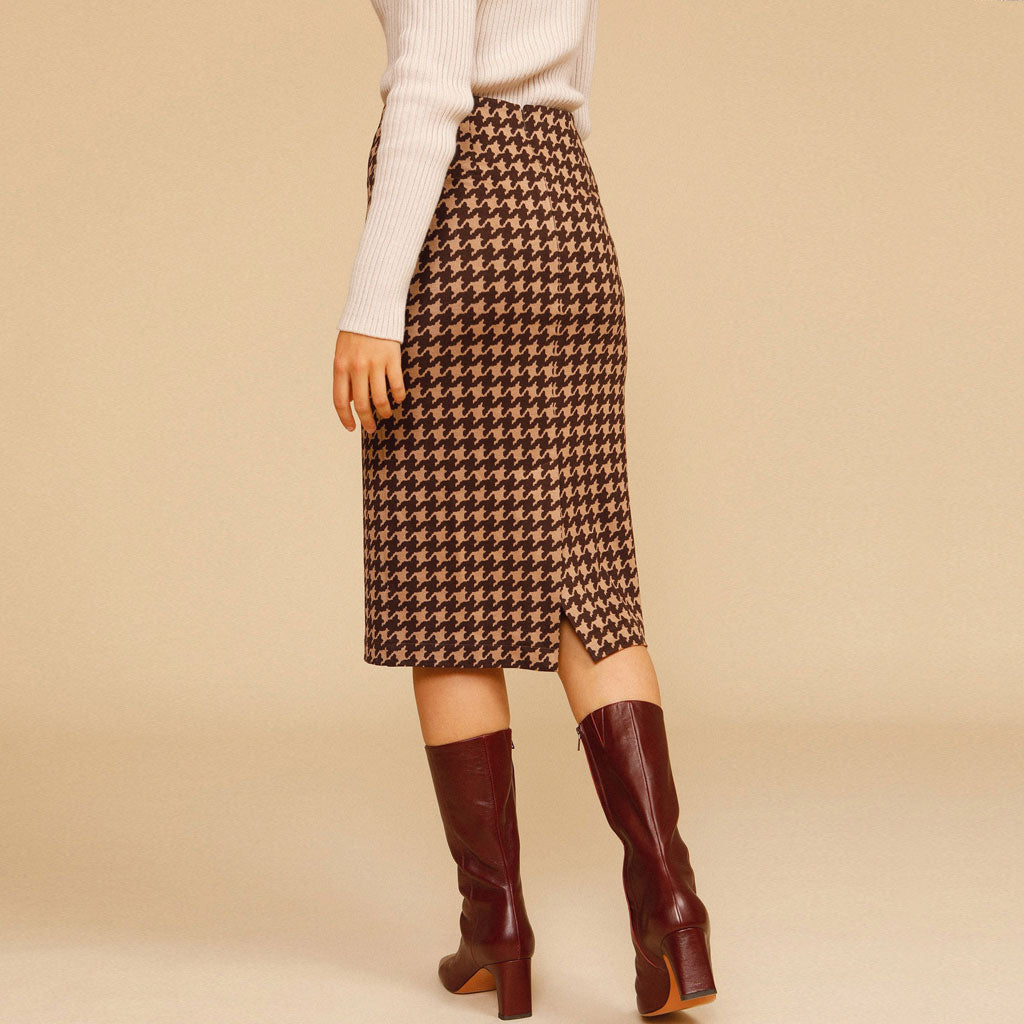 Vintage High Waist Bodycon Houndstooth Knit Midi Skirt - Coffee