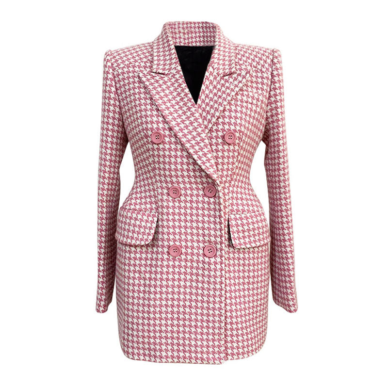 Blazer de lana a medida, cruzado, con solapa de pico y estampado de pata de gallo vintage