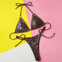 Vintage O Ring Cheeky Thong Latex Triangle Brazilian Two Piece Bikini Swimsuit