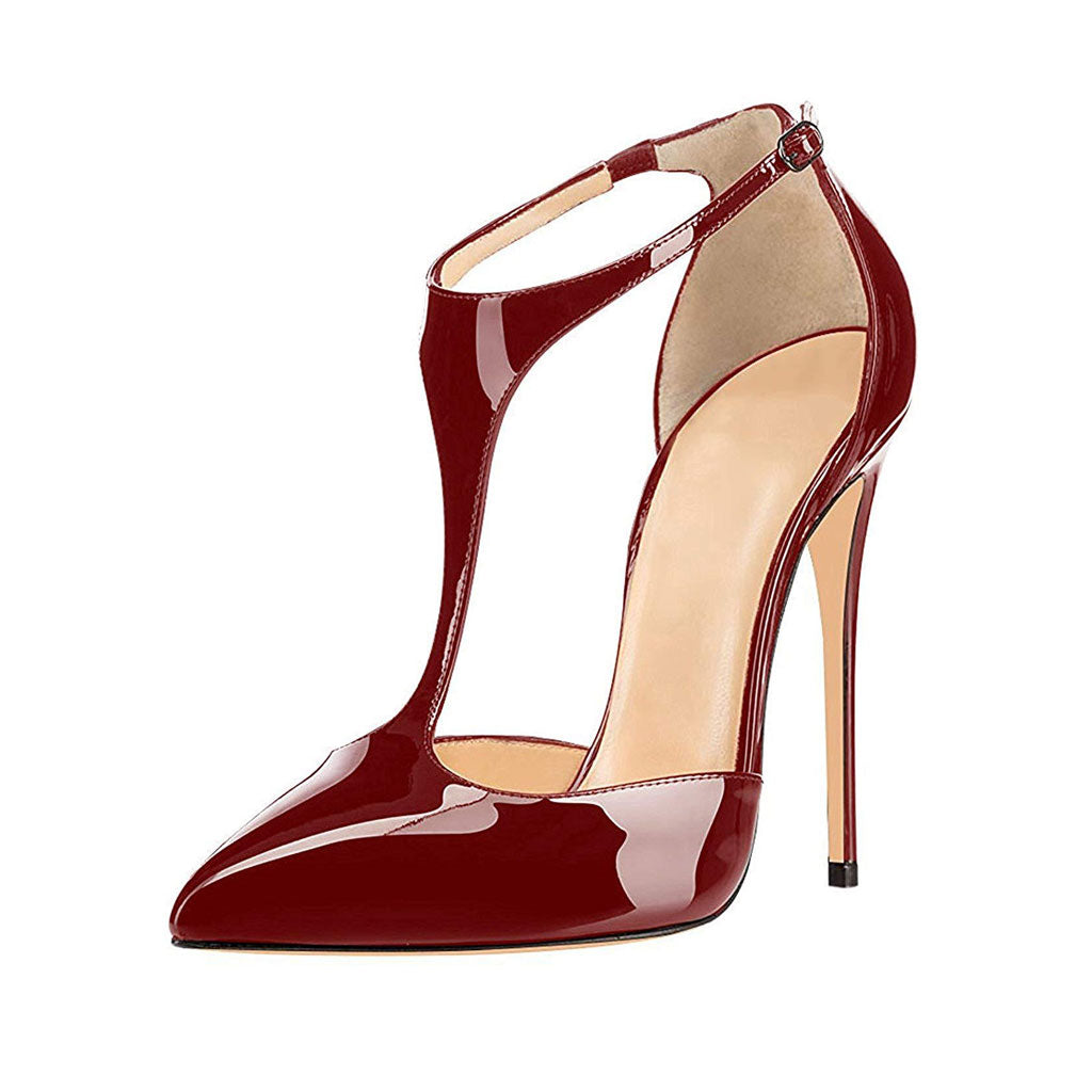 Vintage Patent Leather Pointed Toe T Strap Stiletto Pumps - Burgundy