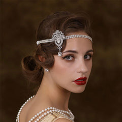 Diadema vintage estilo años 20 con lágrima y adornos de diamantes de imitación - Plateada