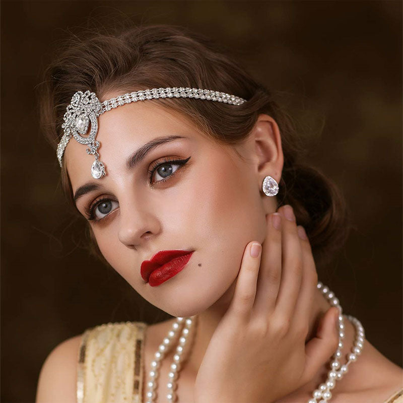 Diadema vintage estilo años 20 con lágrima y adornos de diamantes de imitación - Plateada