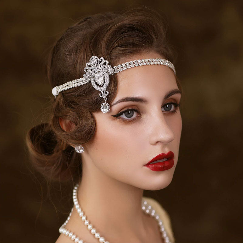 Diadema vintage estilo años 20 con lágrima y adornos de diamantes de imitación - Plateada