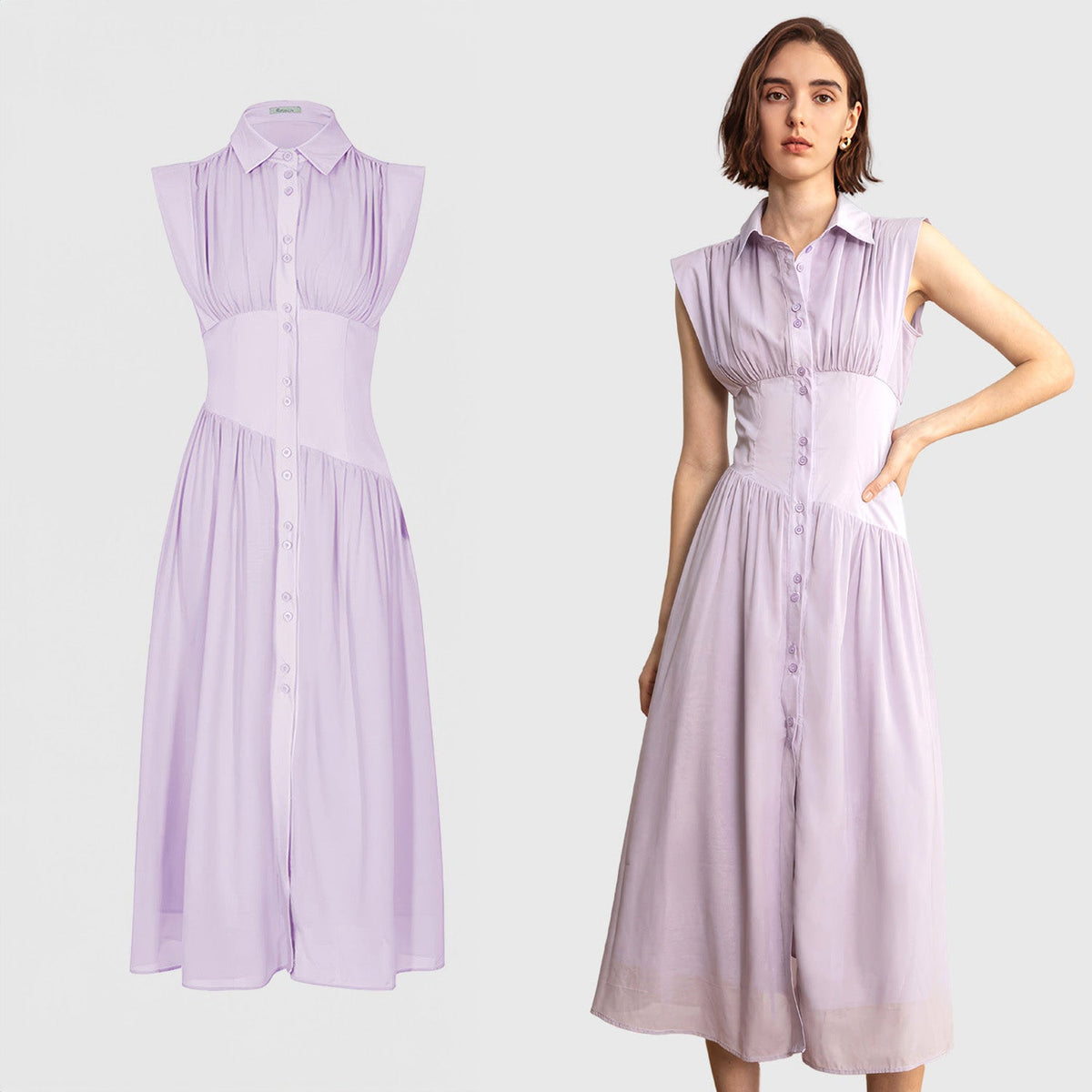 VESTIDO MIDI DE MANGA LARGA CON BOTONES - Morado