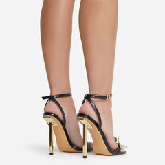 Vivid Butterfly Detail Square Toe Ankle Strap Stiletto Sandals - Black