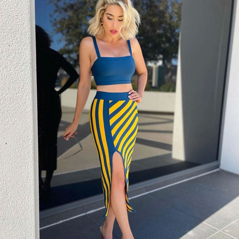 Vivid Crop Tank Contrast Stripe Bandage Midi Skirt Matching Set -Yellow