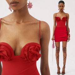 Conjunto de 2 piezas de body y falda roja HANNA con lazos de rosas