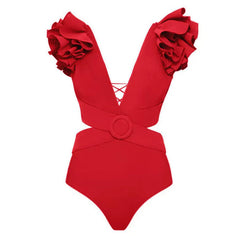 Wunderlicher Monokini-Badeanzug mit tiefem V-Ausschnitt, O-Ring, Cut-out und Schnürung