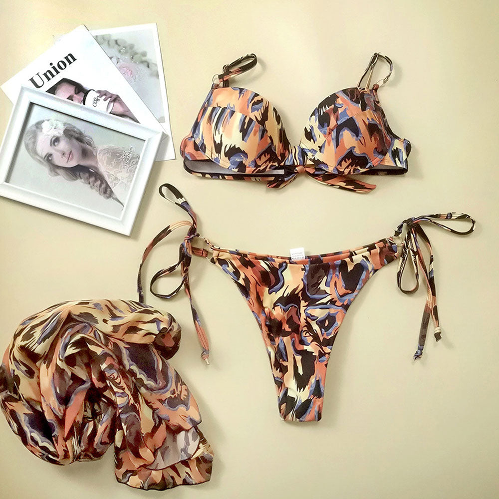 Wild Leopard O-Ring Bindestring Bügel Brasilianischer Dreiteiliger Bikini Badeanzug