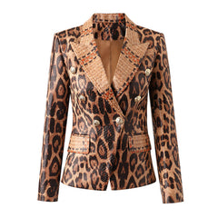 Blazer sastre cruzado con solapa de pico de cuero vegano con estampado de leopardo salvaje