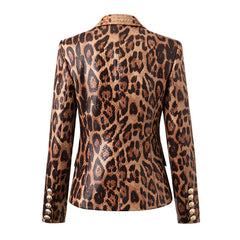 Blazer sastre cruzado con solapa de pico de cuero vegano con estampado de leopardo salvaje