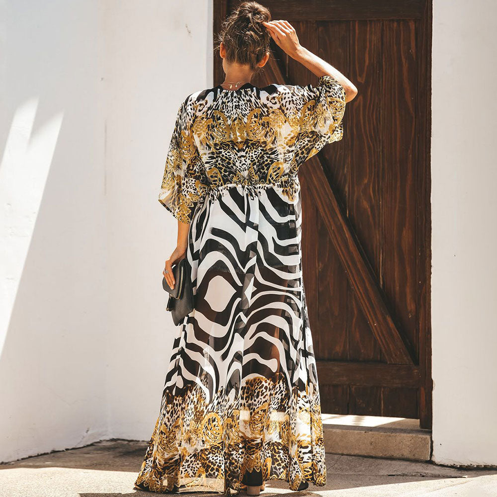 Vestido playero de gasa con estampado de leopardo y manga corta con cordón ajustable estilo salvaje