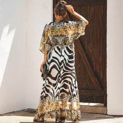 Wild Style – Kurzärmliges Strandkleid aus Chiffon mit Kordelzug und Leopardenmuster