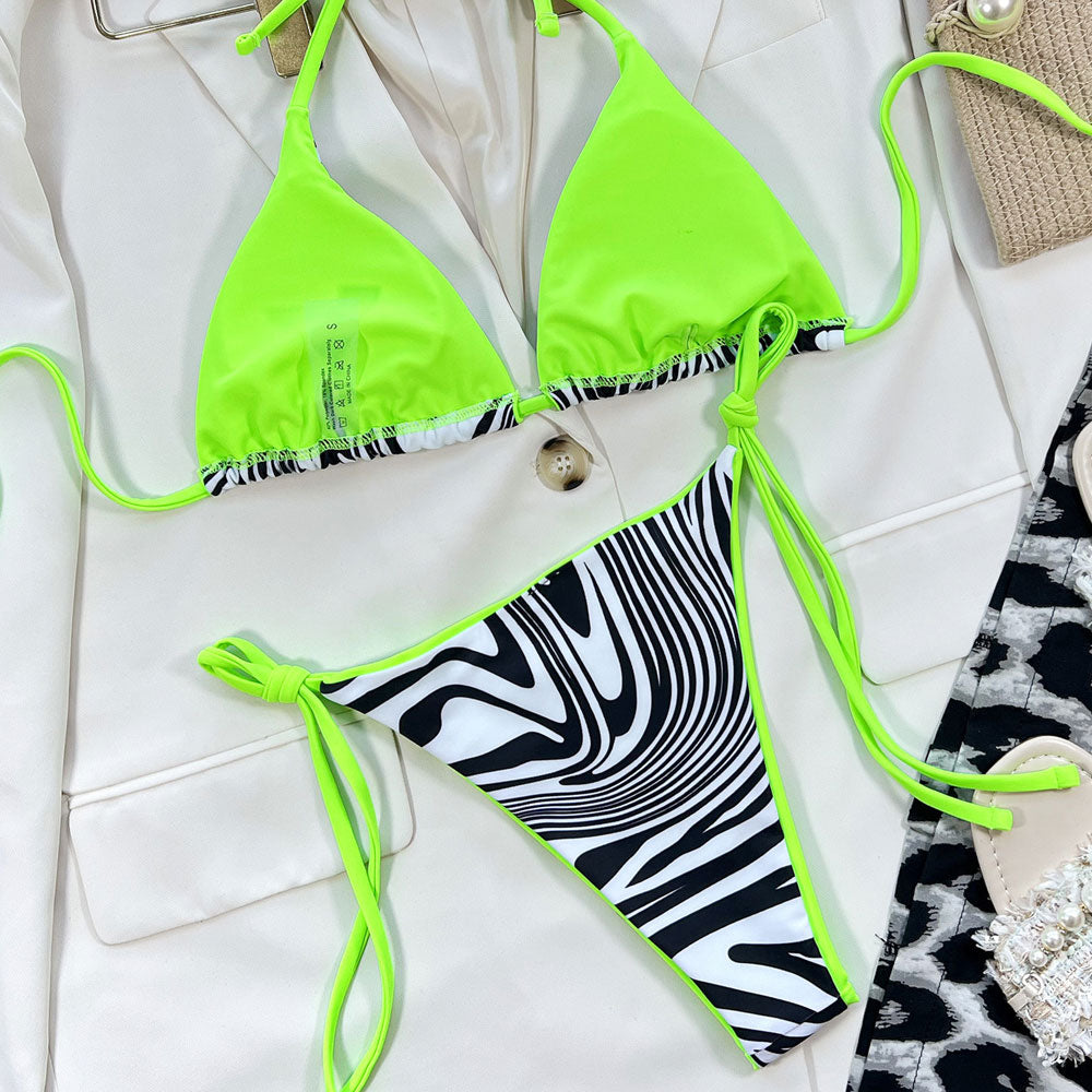 Wild Zebra Print Tie String Slide Triangle Brazilian Two Piece Bikini Swimsuit