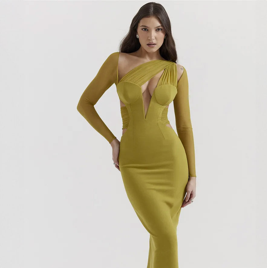 HOLLOW OUT BODYCON LONG SLEEVE MAXI DRESS