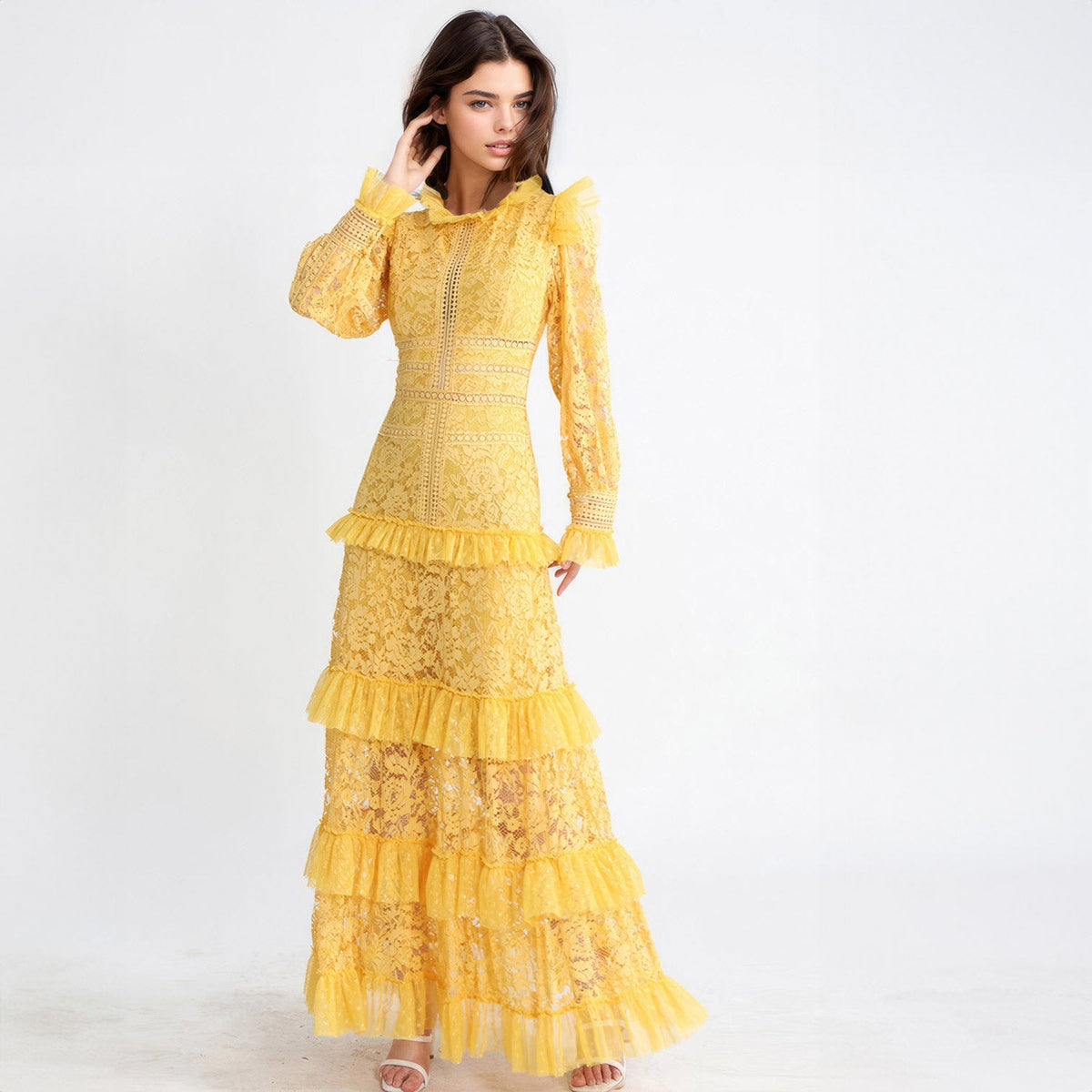 VESTIDO MÁXIMO TEXTURIZADO AMARILLO CON MANGAS LARGAS