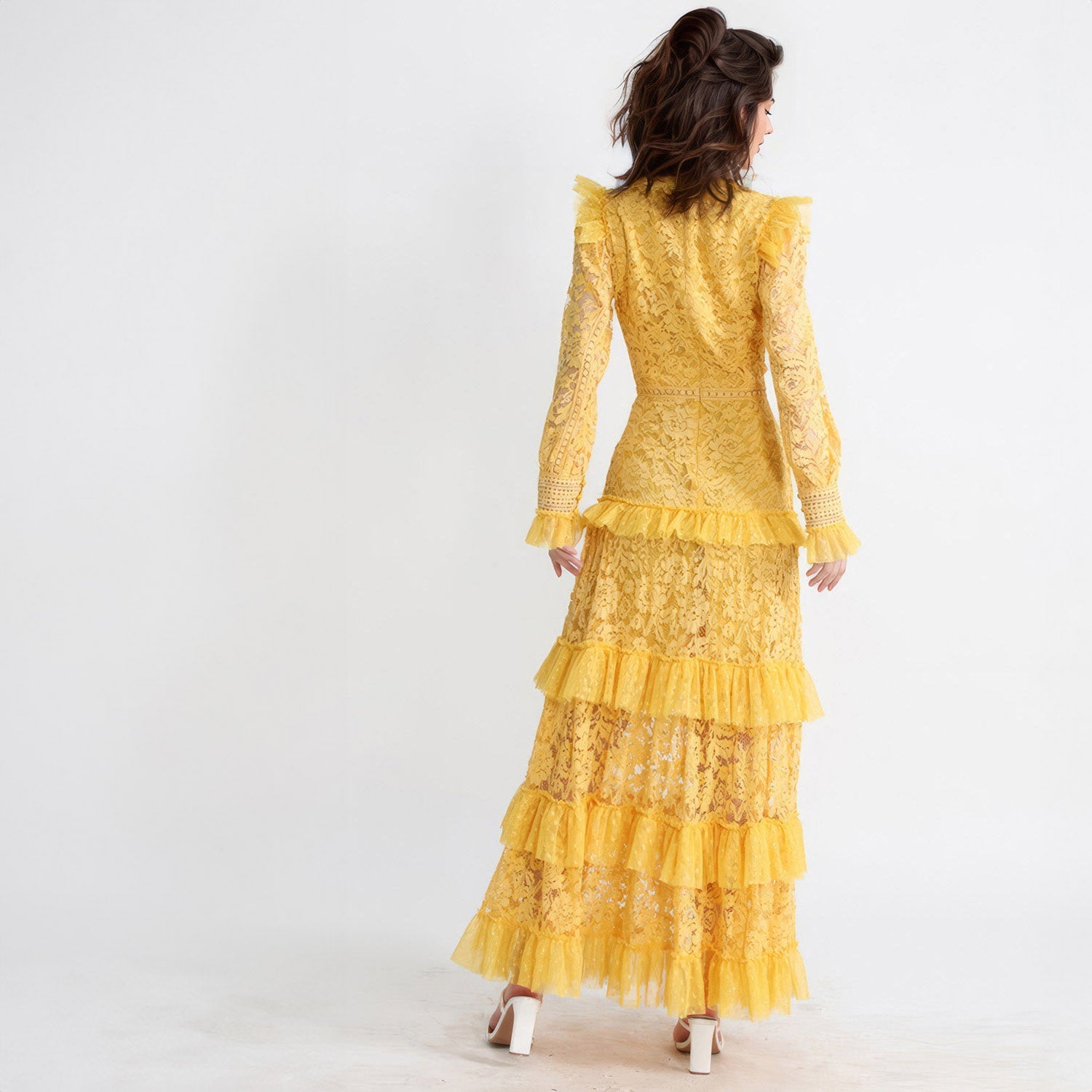 YELLOW TEXTURED MAXI DRESS with LONG SLEEVES