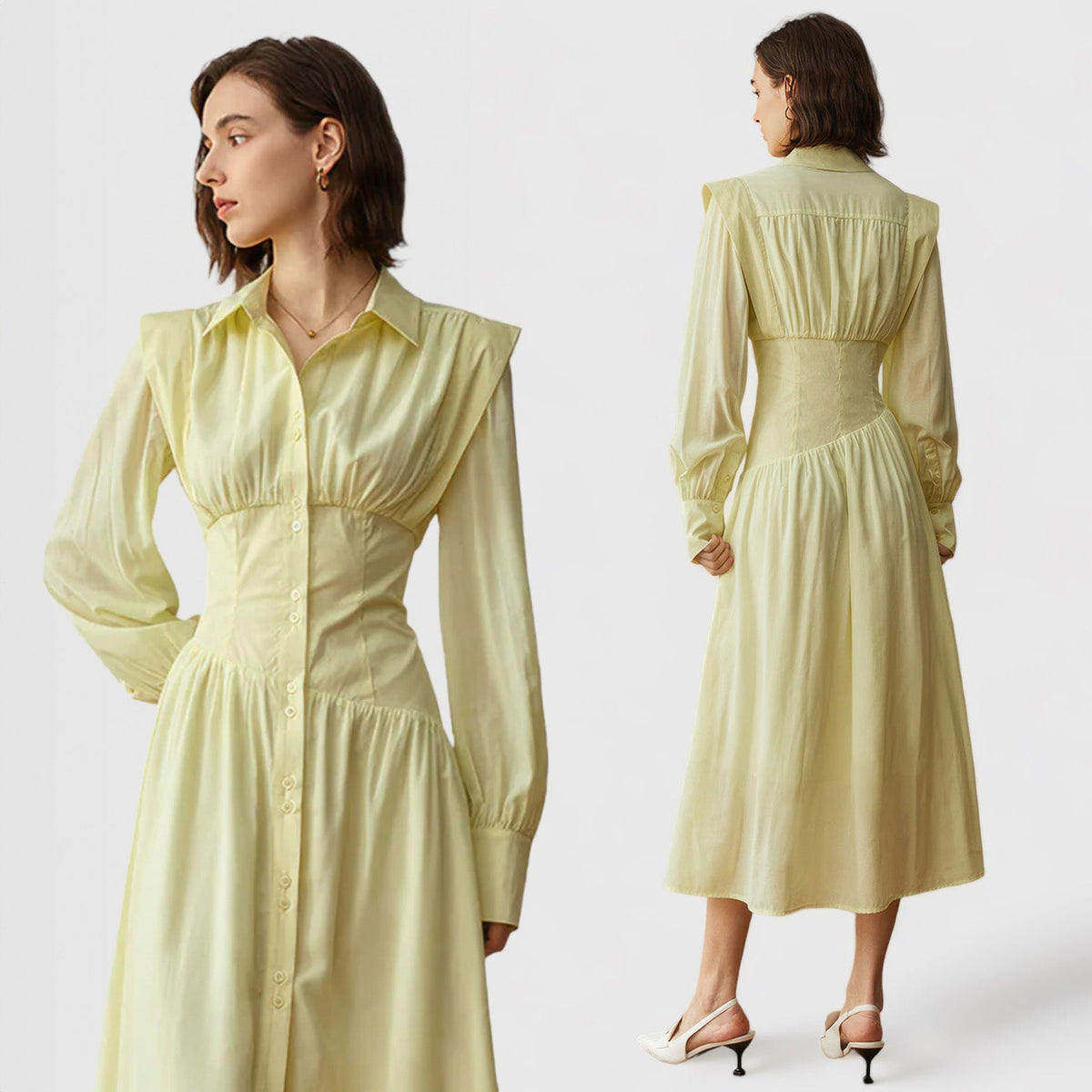 BUTTONED LONG SLEEVE MIDI DRESS - Yellow