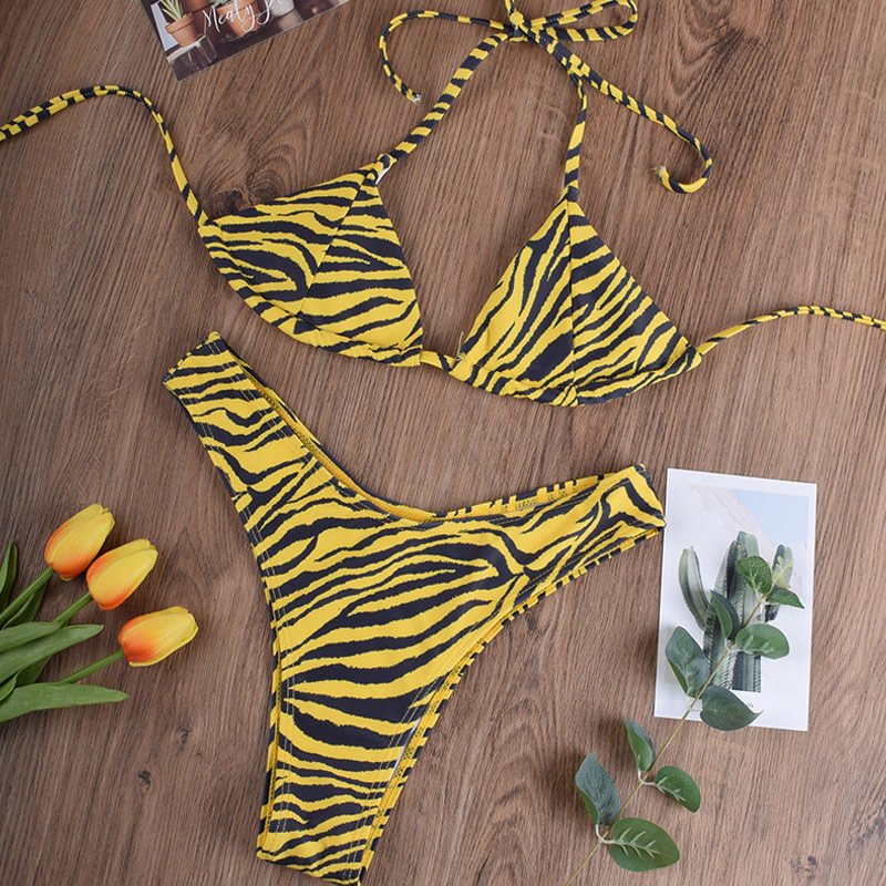 Zweiteiliger brasilianischer Bikini-Badeanzug mit hohem Ausschnitt und Zebra-Print